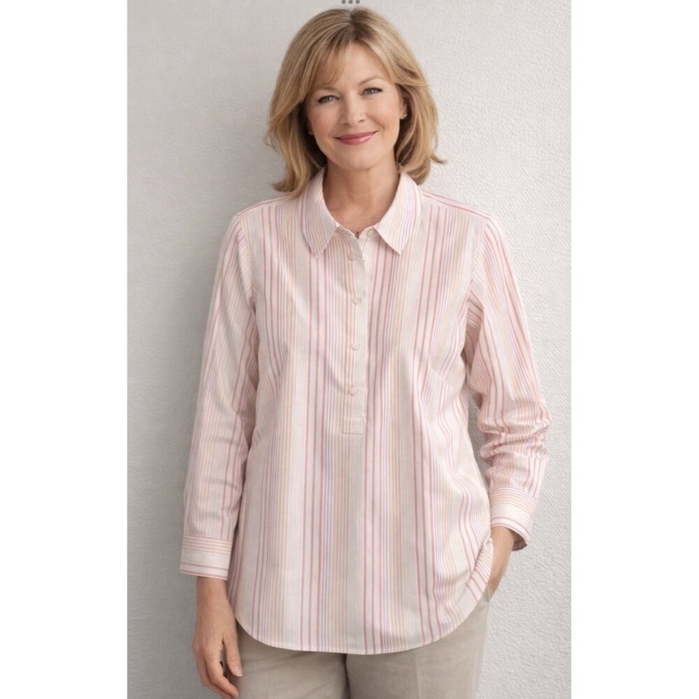 Talbots Blouse Petite Size XP Long Sleeves Peach Metallic Stripes Shirt Preppy